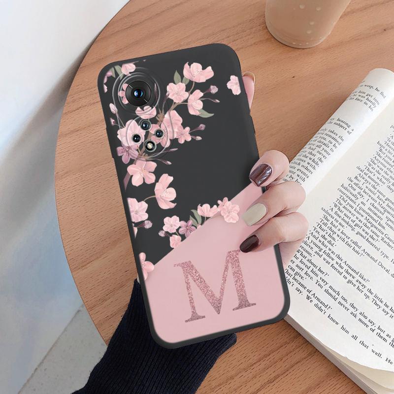 Initial Letter Silicone Case For Huawei Nova 9 Honor 50 Shell Retro Pink Flower Soft TPU Back Cover For Honor 50 Nova9 Capa