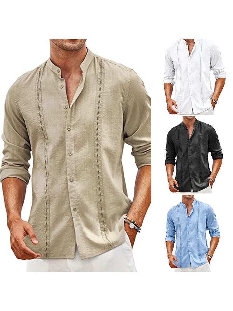 Men's Casual Cotton Linen Stand Collar Shirt - European & American Style for Summer Beach Vacation 2023