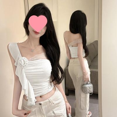 Women's Slim Fit French Lace One-Shoulder Camisole Tank Top - Sexy Summer Mesh Off-the-Shoulder Style