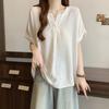 Women Casual V Neck Short Sleeve Loose Fit Solid Color Blouse