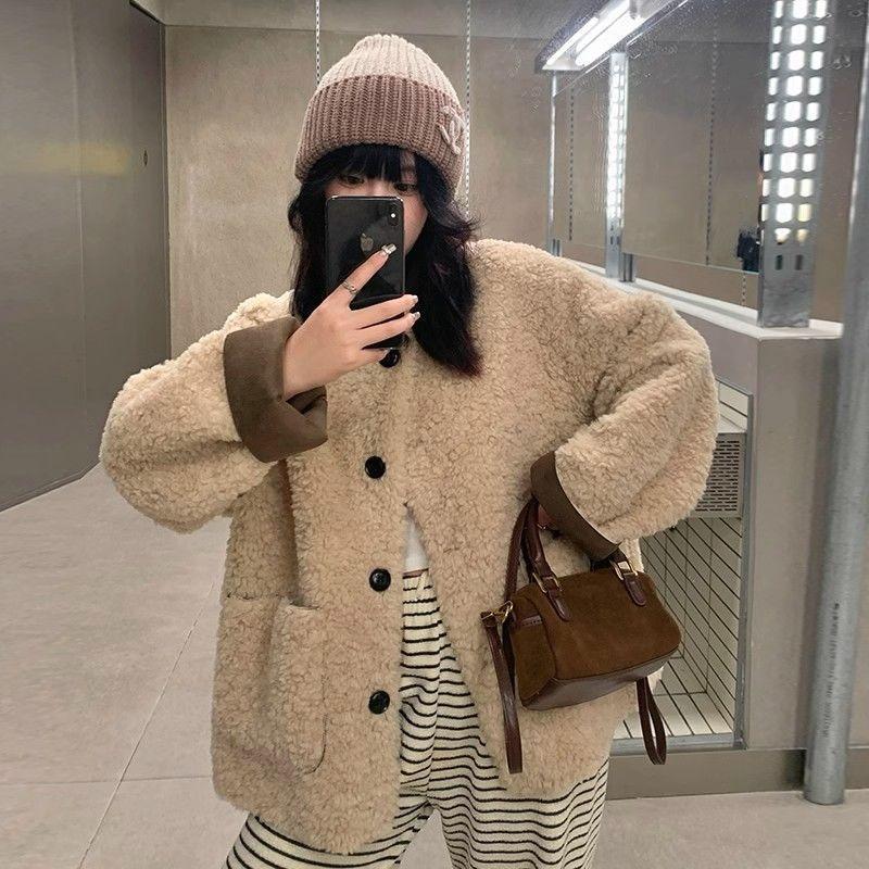 Crew Neck Lamb Wool Coat Thickened Wool Women's Autumn and Winter Imitation Rex Rabbit Fur Integrated Loose Lazy Fur Coat