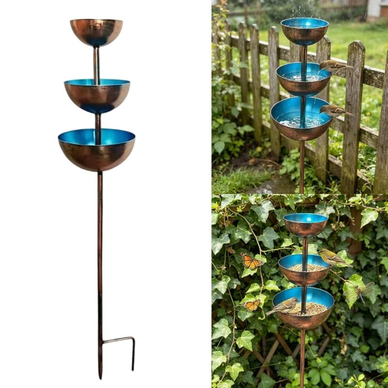 Metal Bird Bath Stake with Three Bowls for Garden Use, Rainwater Water Rest for Birds and Butterflies on Open Lawn