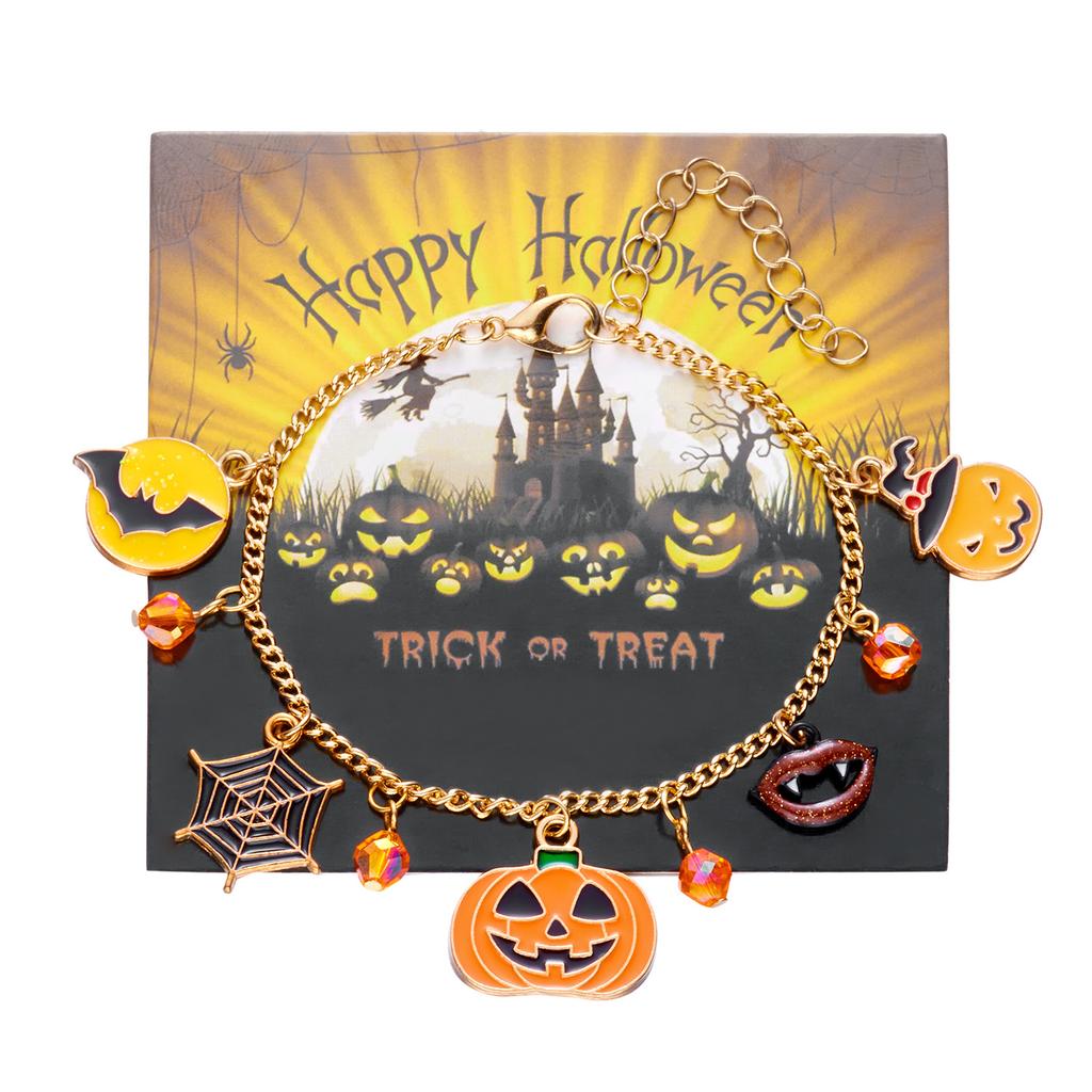 Halloween Ghost Pumpkin Black Cat Metal Chain Bracelet For Women Gold Plated Skeleton Spider Bat Bangles Festival Charm Jewelry