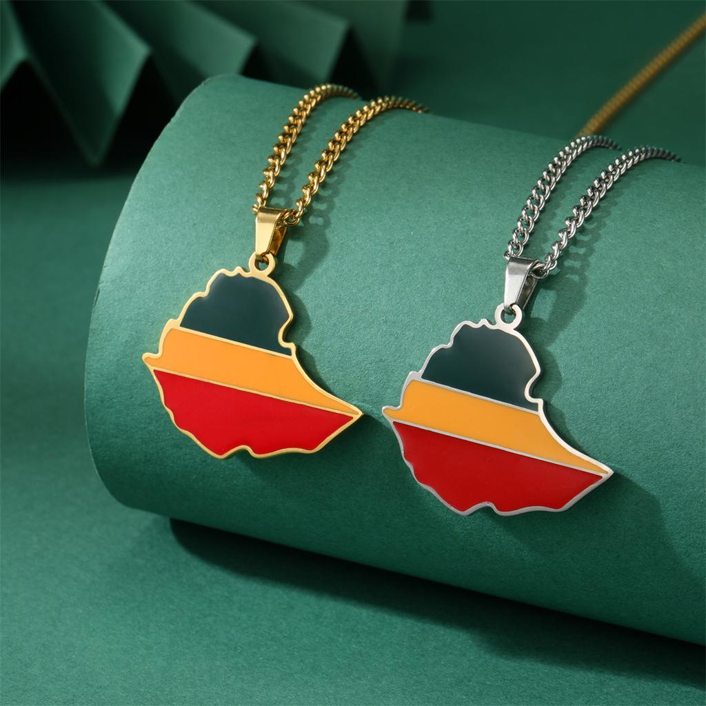  Drip Oil Ethiopia Map Flag Pendant Necklace Women Men Stainless Steel Fashion Ethiopia Patriotic Jewelry Wholesale
