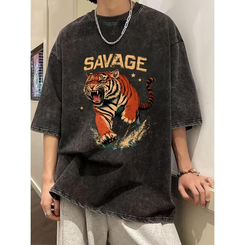 Vintage Washed SAVAGE Tiger Print TShirt Distressed Streetwear Graphic Tee Casual Loose Fit Crew Neck Short Sleeve Tops