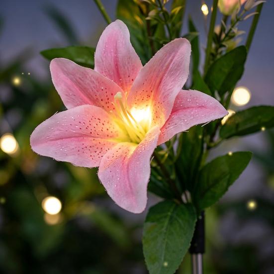 Stainless Steel Ground Stake Lamps 2Pcs Artificial Flower Solar Lights, Lily Bamboo Wisteria Garden Lights Powered Firefly Waterproof Pathway