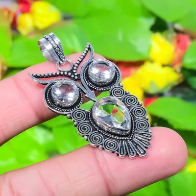 Natural Owl- White Topaz Gemstone 925 Sterling Silver Gift Pendant 1.97" B4V49
