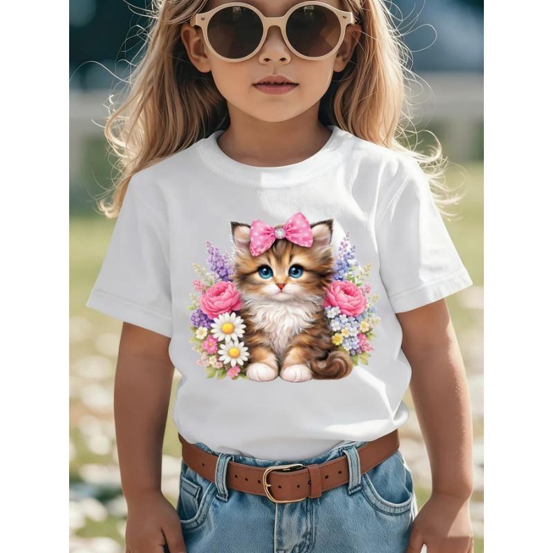 European sizes Summer Fashion Short-Sleeve T-Shirt for Girls Featuring a Bow, Tabby Cat, And Cartoon Prints, a Casual And Versatile Top 110 белый