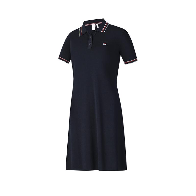 Fila Tennis Series Casual Sports Simple Versatile Basic Polo Collar Fitted Short Sleeve Dress Women Dresses Dark-Blue A11W523325F-NV