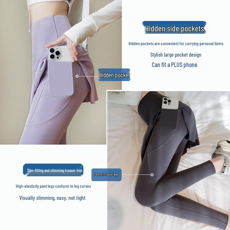 High-Waisted Faux Two-Piece Yoga Skirt Pants with Pockets - Thin, Elastic, and Large Size for Sports and Outerwear