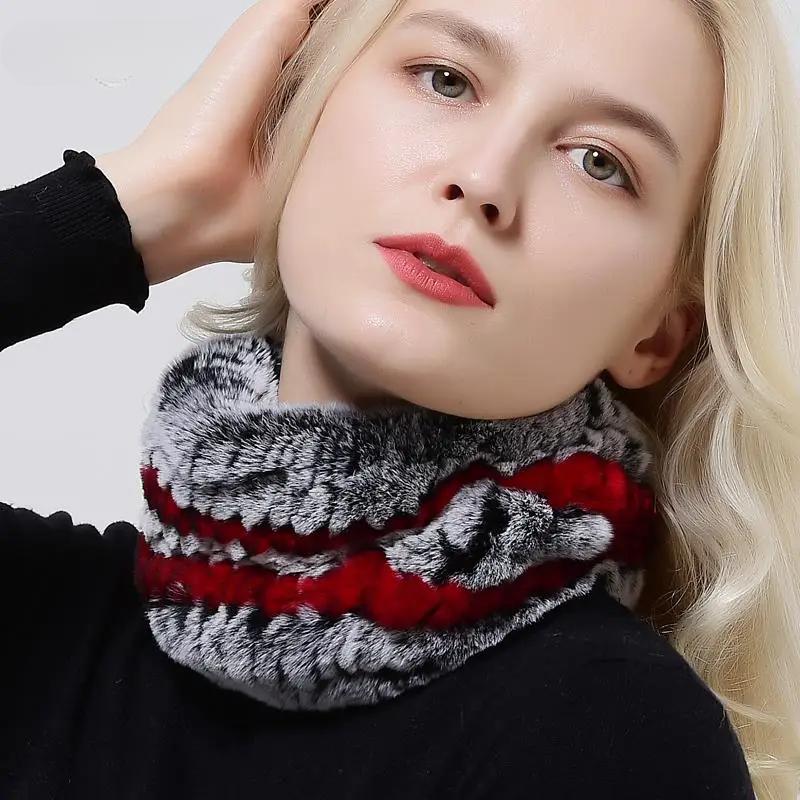Knitted Ring Scarf Women Natural Rex Rabbit Fur Neckwarmer Winter Warm Fashion Female Scarves