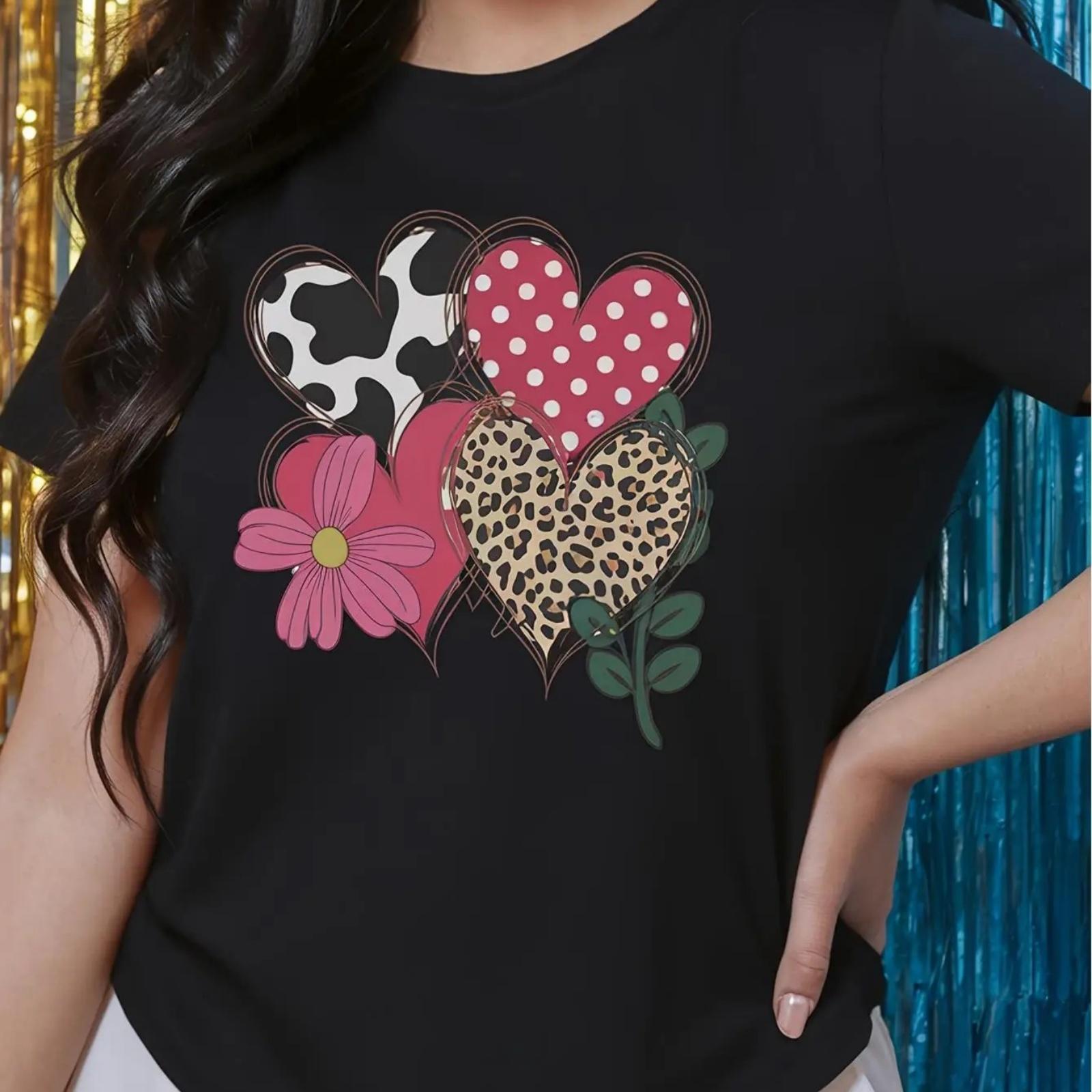 

1pc Women s Valentine s Day T-Shirt, 100% Casual Short Sleeve Tee with Geometric Heart & Floral Print, All-Season Knit Fabric To XXXXXL чорний
