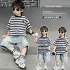 Boys' Summer Striped Short Sleeved Denim Shorts Two-piece Set, Children's Handsome and Versatile Casual Set, Thin