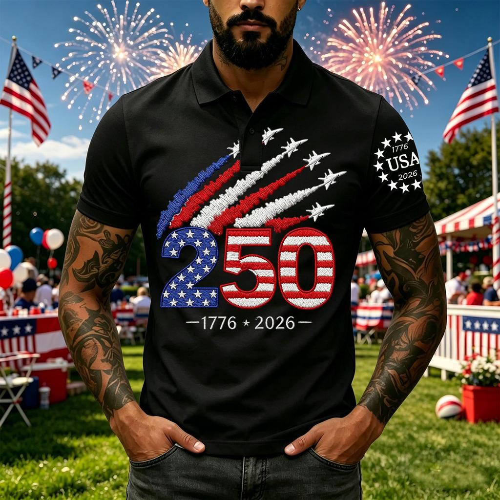 Men’s Short Sleeve Polo Shirt with Independence Day 250th Anniversary Printed Design Casual Fit Button Down Collar