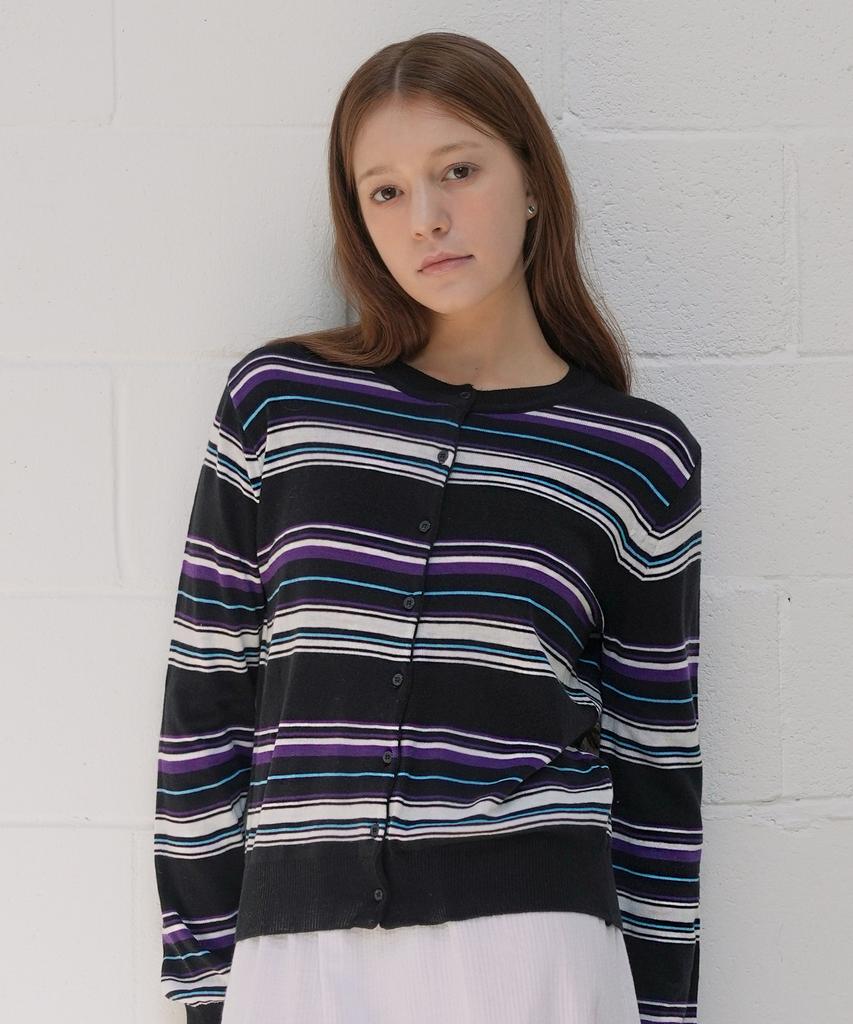 VLETI Slim Stripe Featherlight Button Cardigan (Black)