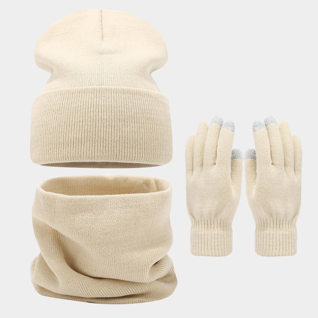 Winter Outdoor Big Head Pure Color Face Slimming Hat Scarf Gloves Set For Adults