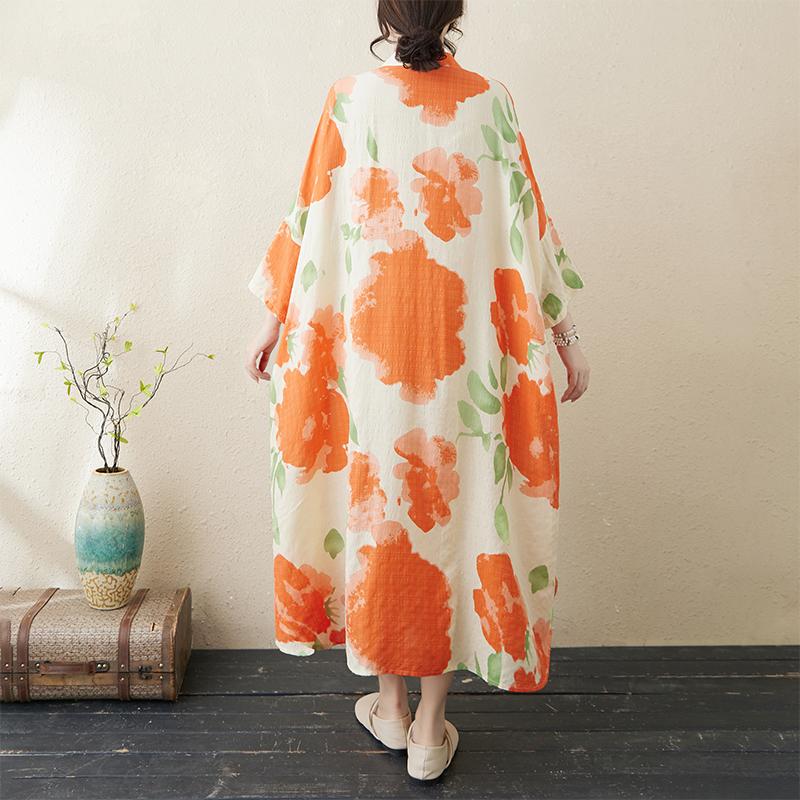 Dimanaf 2025 Plus Size New Summer Women Casual Linen Vintage Long Dress Flower Loose Printing Dress Maxi