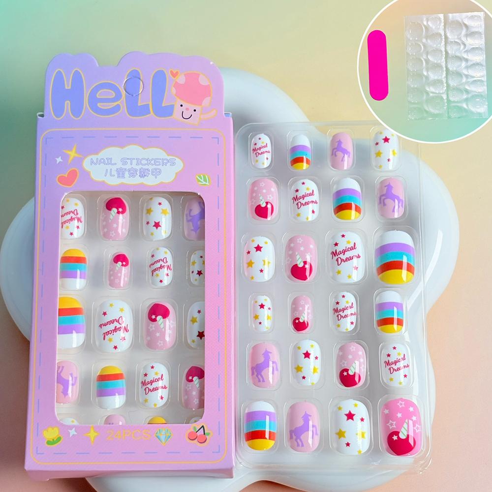 24pcs Kids' Cute Red Cherry/Rabbit/Carrot Press On Nails Cartoon Short Square Fake Nails Reusable Nails Decor with Glue & File