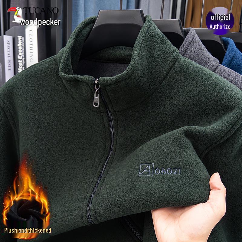 Men s Woodpecker Fleece Jacket - Winter Warmth, Velvet-Lined Hoodie, Stand Collar, Thick Shell Liner XL (100-120 jin)