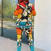 Women Plus Size Two Piece Set Round Neck Long Sleeve Top Fitted Pants Cartoon Printed Colorful Outfit