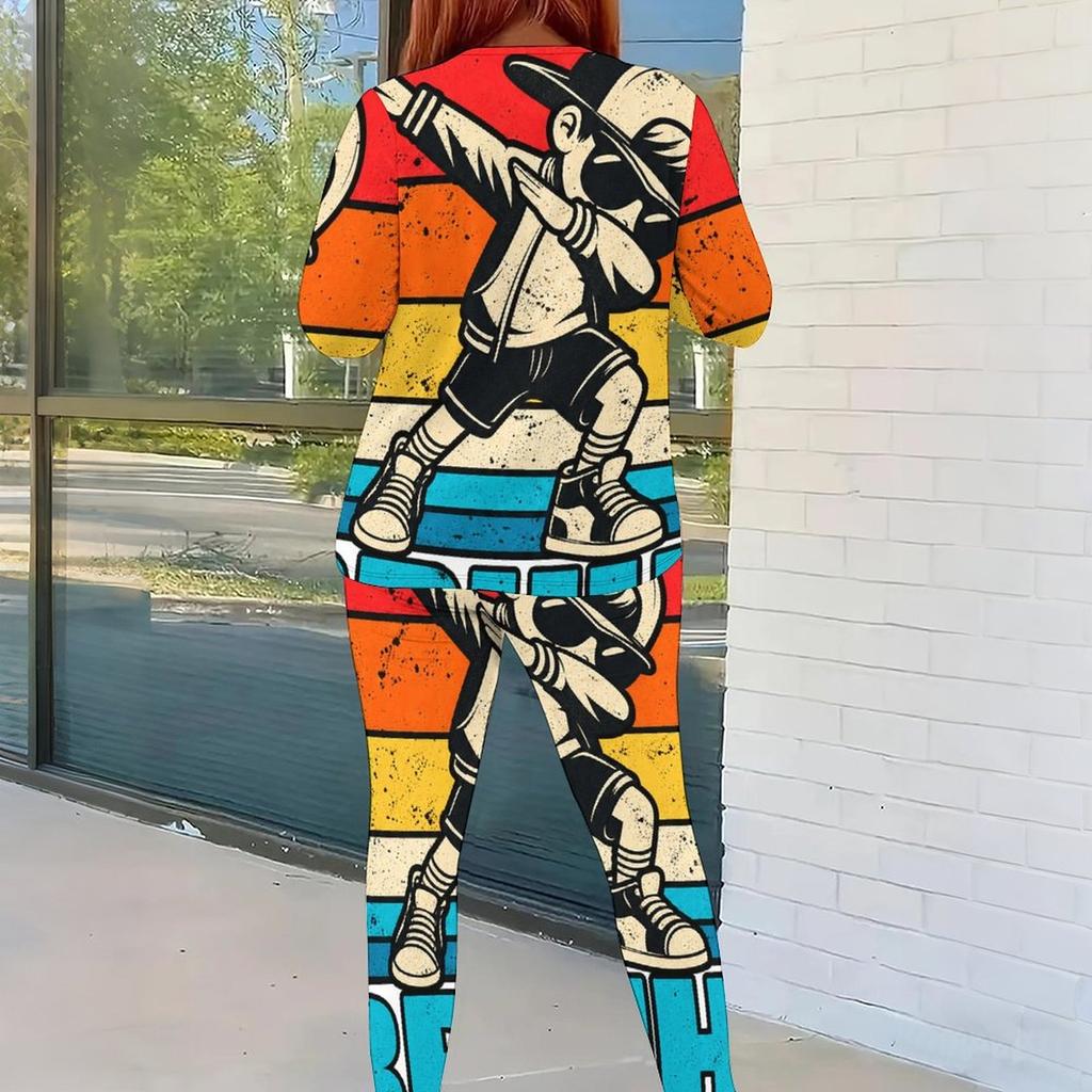 Women Plus Size Two Piece Set Round Neck Long Sleeve Top Fitted Pants Cartoon Printed Colorful Outfit