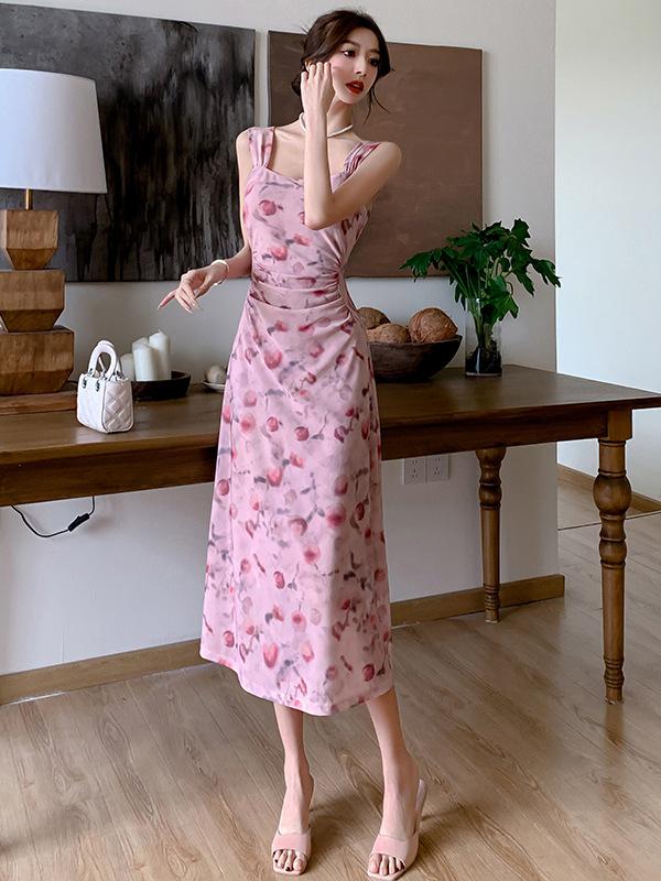 Spring Summer Floral Mesh Spaghetti Strap Maxi Dress for Women
