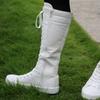 1 Paar lange Damen-Canvas-Stiefel bis zum Knie, Halloween- und Nietenverzierung an der Außenseite, Reißverschluss an der Innenseite, modische flache hohe Stiefel