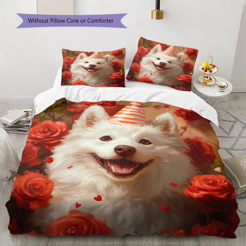 Rose Dog Pattern Bedding Quilt Set Home Decoration Gift (1 * duvet cover + 2 * pillowcase without core)