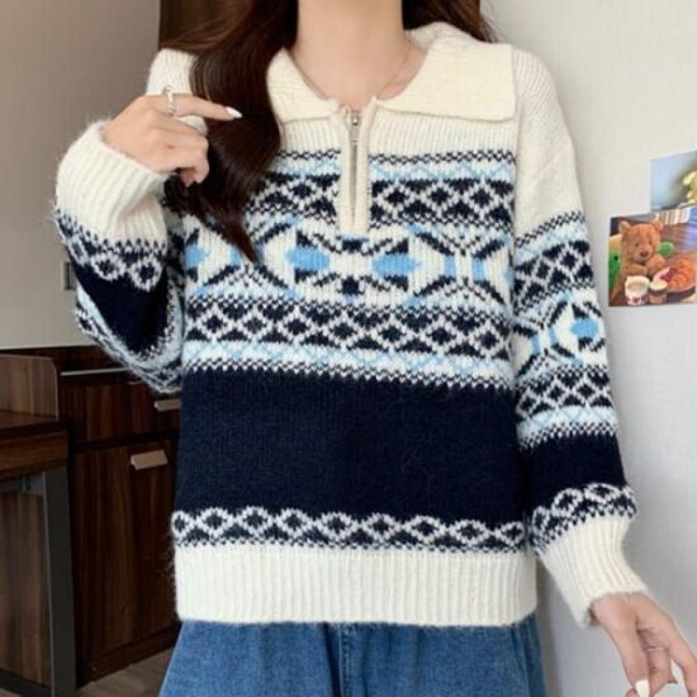 Navava Nordic Pattern Half Zip Collar Long Sleeve Knit Sweater Nk3524