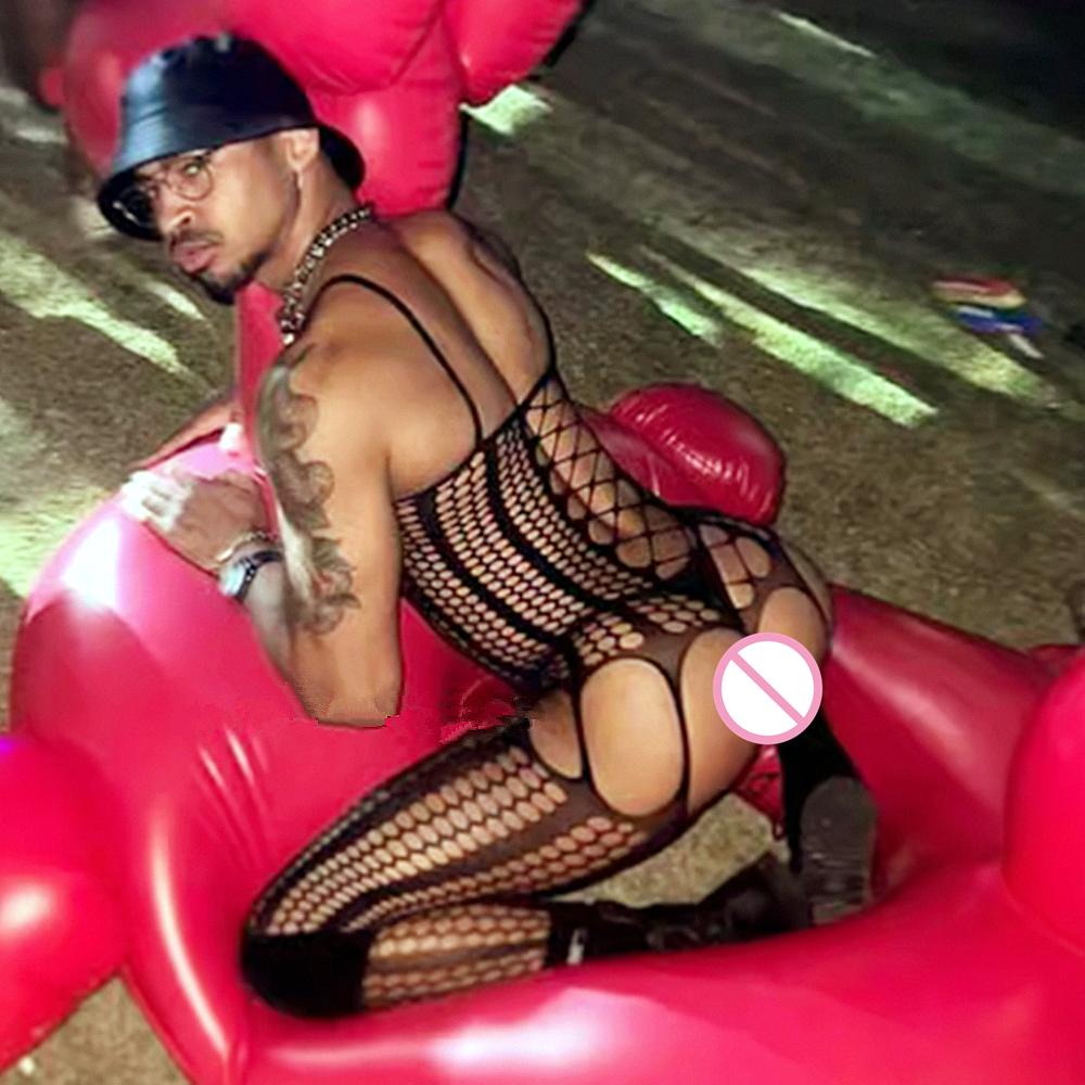 Crotchless Bodystocking Black Man Gay Transparent Net Clothes Sexy Lingerie Bodysuit One Piece Stockings Erotic Sissy Costumes