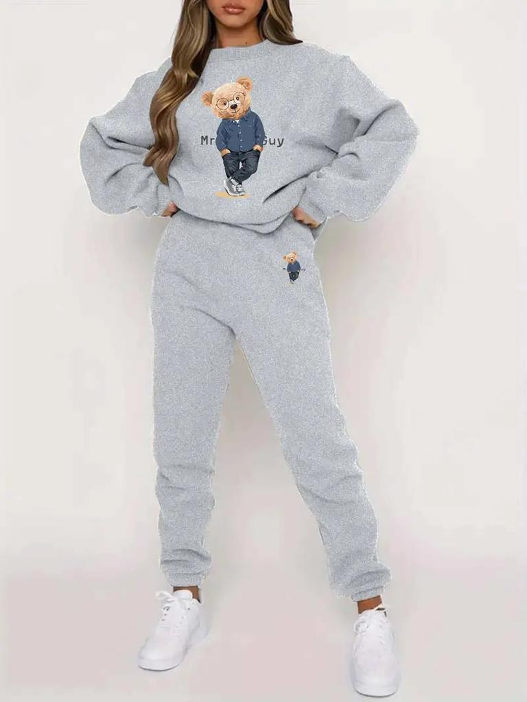 Versatile Cartoon Bear 3D Printing Two-Piece Set Long-Sleeved Sweater Trousers Casual Loose Sweater Set