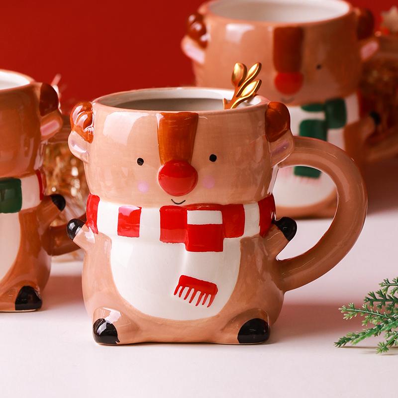 Creative Novelty Ceramic Mug Christmas Gift With Cute Cartoon Animal Embossment Handle Water Cup for Tea Coffee Festive Gift