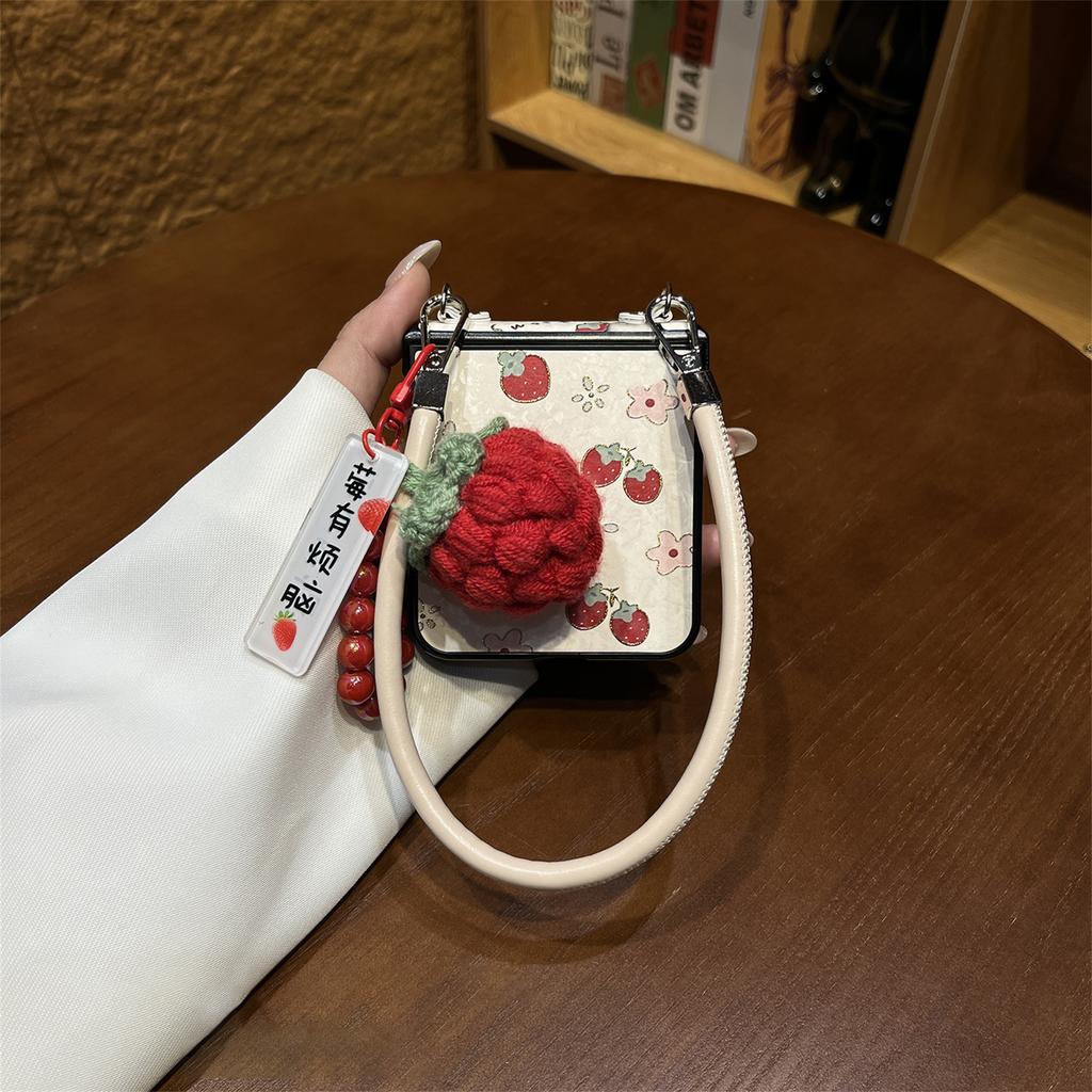 Cute Korean Strawberry Flowers Phone Case with Knitted Fruit Pendant Leather Strap for Samsung Galaxy Z Flip7 Flip 6 Flip5 Cover