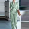 Women's Light Green V-Neck 3/4 Sleeve Belted Suit Set with Wide Leg Pants