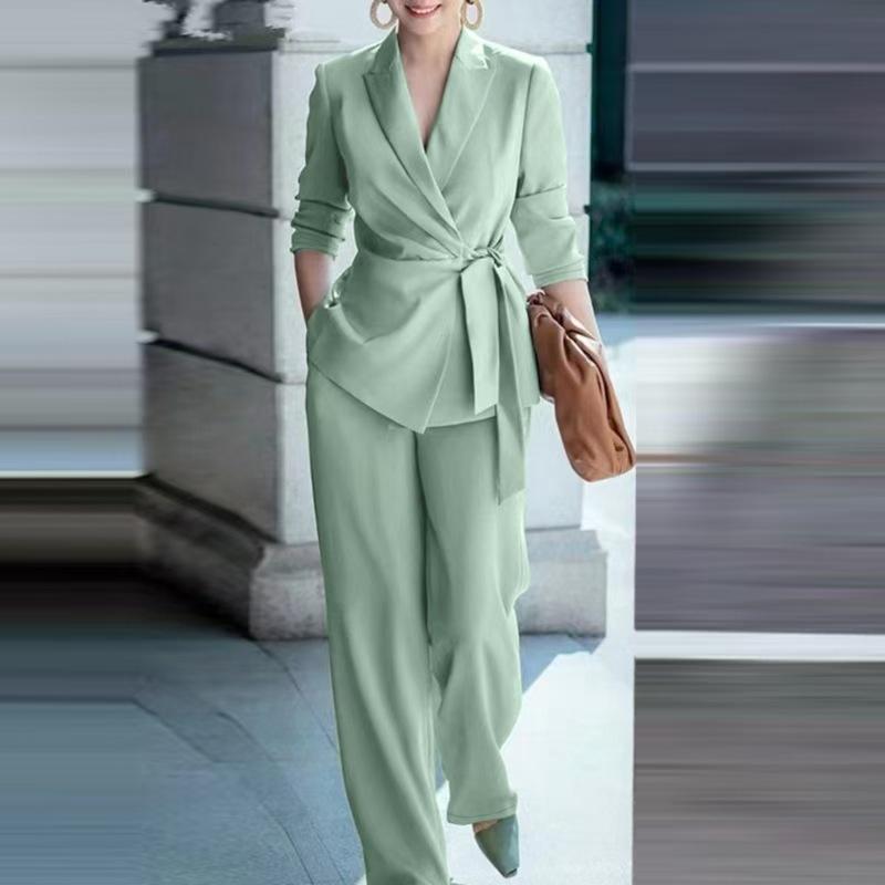 Women's Light Green V-Neck 3/4 Sleeve Belted Suit Set with Wide Leg Pants