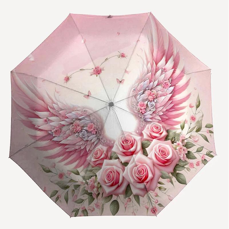 1pc Wings Flowers Automatic Open/Close Umbrella Compact Folding Umbrella with 8-Rib Shaft for Women/Men, Portable Travel Umbrella,1237S