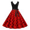 Women Retro 50s Midi Edge Dress V Neck Sleeveless High Waist Lace Up Tight A Line Loose Hem Flower Bow Decor Dot Print