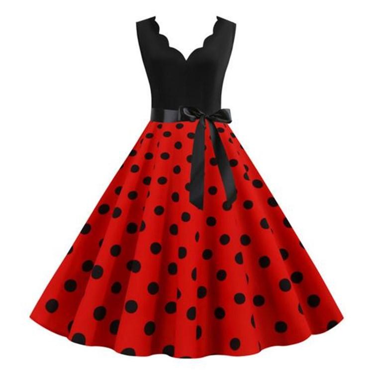 Women Retro 50s Midi Edge Dress V Neck Sleeveless High Waist Lace Up Tight A Line Loose Hem Flower Bow Decor Dot Print