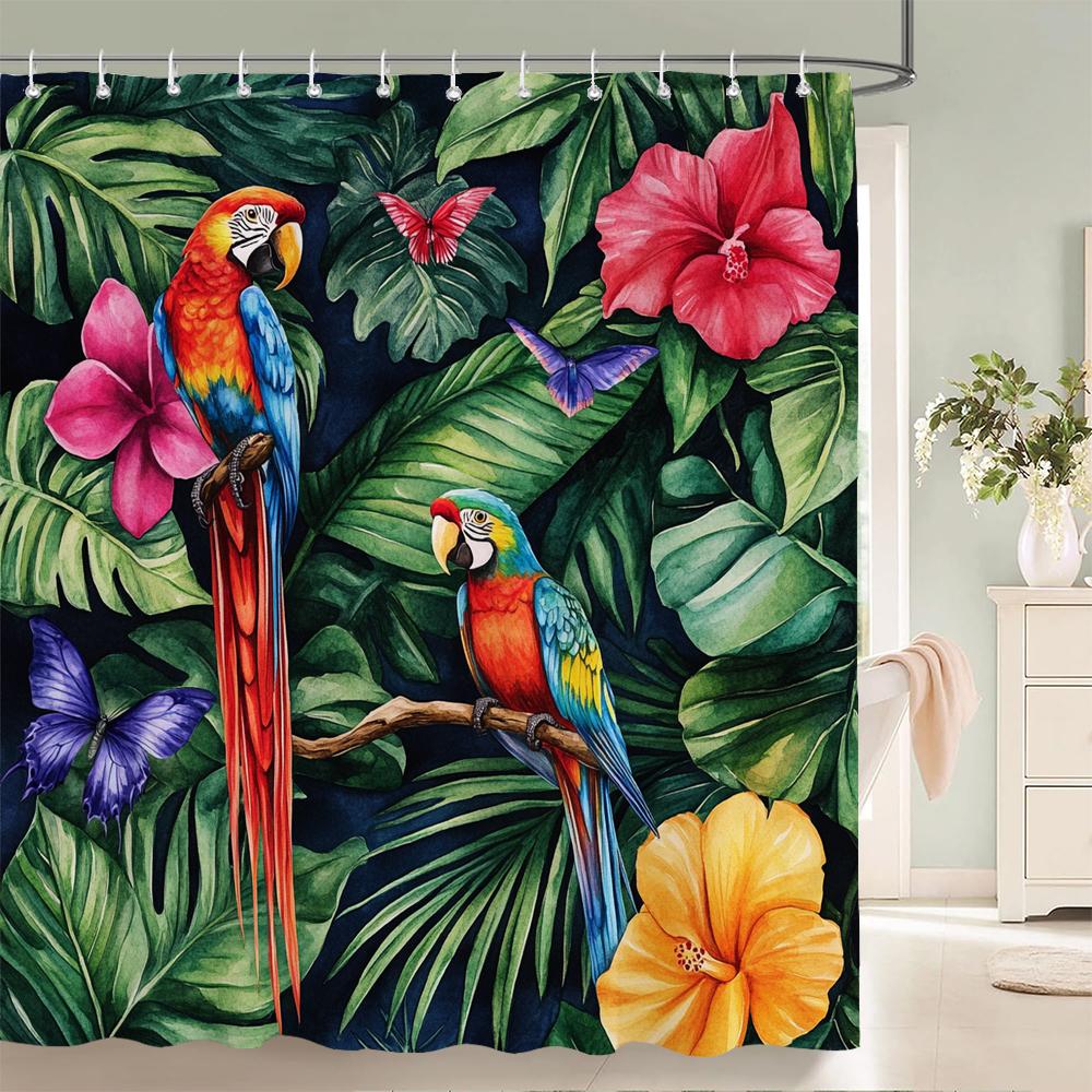 Tropical Plants, Flowers and Birds Shower Curtain for Bathroom Plant and Floral Decorative Shower Curtains with Hooks