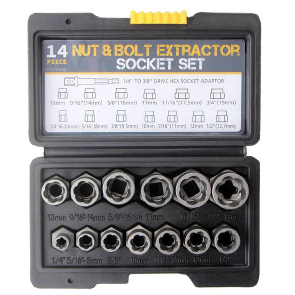 14pcs Nut Remover Set Stripped Bolt Extractor Set Impact Bolt Nut Removal Tool for Damaged Frozen Studs Rusted Rounded-Off Bolts