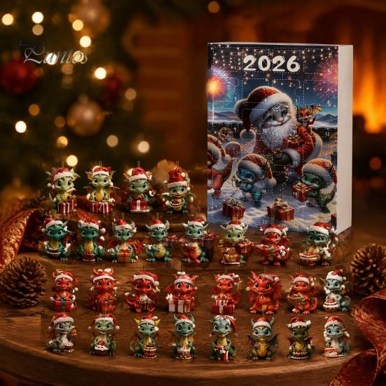 Unique Christmas Souvenirs Dragon Advent Calendars 2026, 24 Days Countdown Calendar with 2D Acrylic Ornaments, Collectible Figures for Tree Home Decor