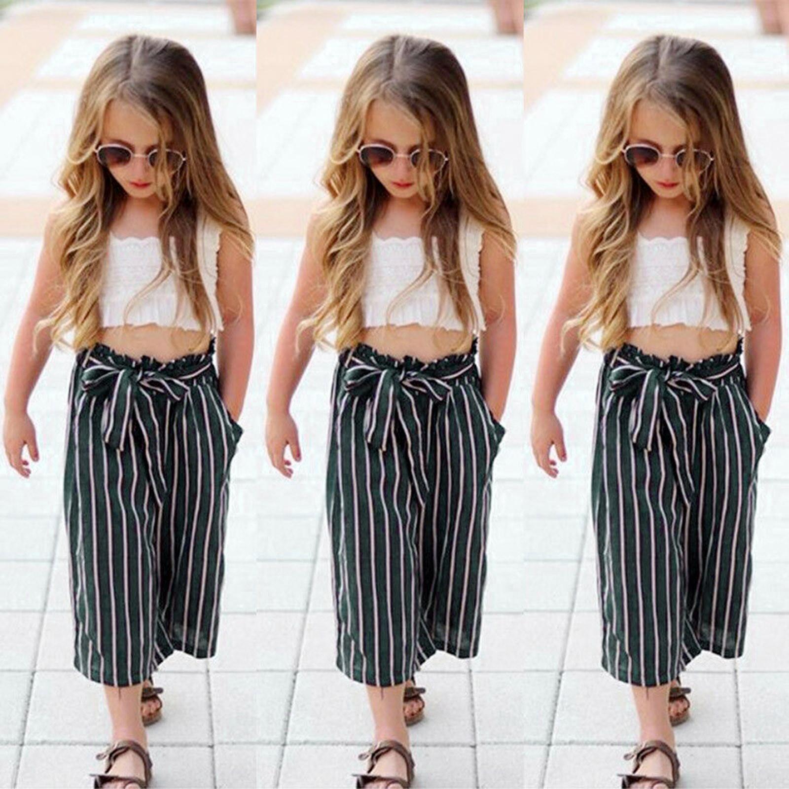 

Toddler Baby Girls Lace Crop Tops T Shirt+Striped Lacing Pants Outfits Sets