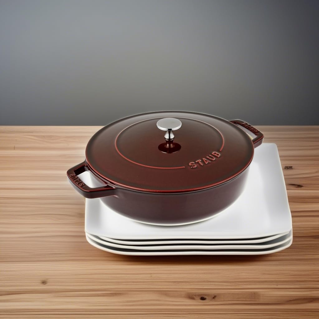 Staub Saute Pan Grenadine Red Two Hand Cast Enamel Pot Shallow Sukiyaki Compatible with IH Japanese Blaiser "Blazer 24cm" [Authorized Product]