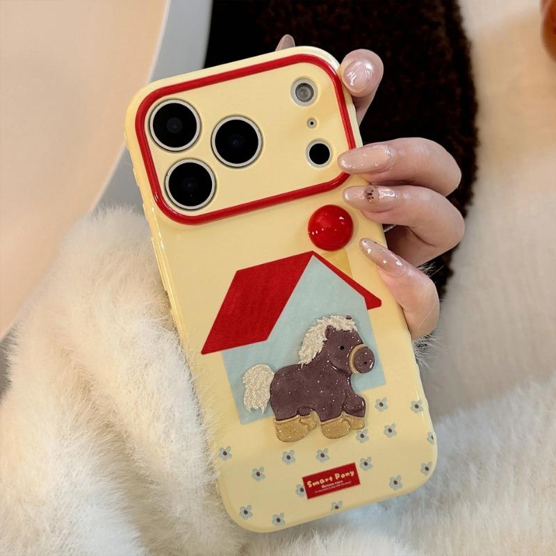 Korean 3D Cartoon Pony Horse Glitter House Phone Case For iPhone 17 16 15 14 13 12 Pro Max Shockproof Protective Soft Cover