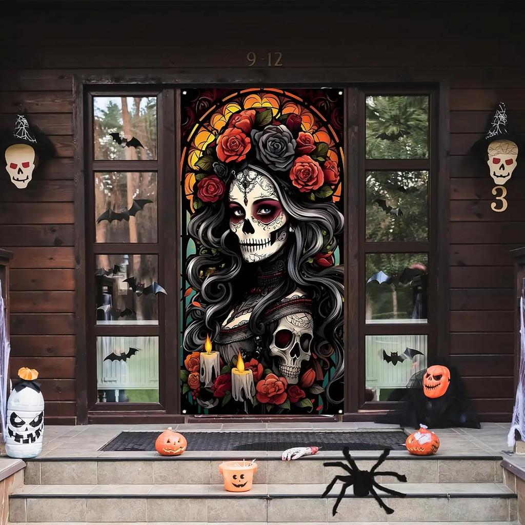Day of The Dead Door Cover Dia De Los Muertos Boor Banner Backdrop Sugar Skull Rose Altar Mexican Fiesta Party Decorations