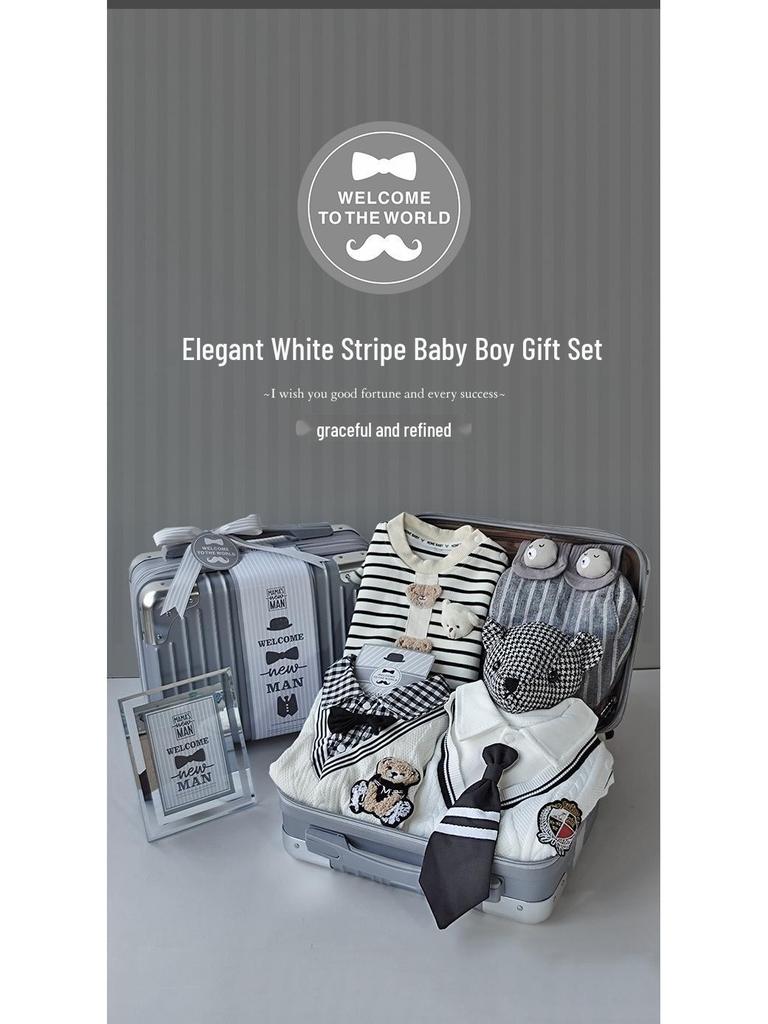 Newborn Baby Boy Gift Box: Off-White & Grey Striped Outfit - High-End Spring Festival Full Moon Collection
