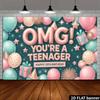 2D Pink Teal 13th Birthday Photography Backdrop, Teenager Girl Party Background