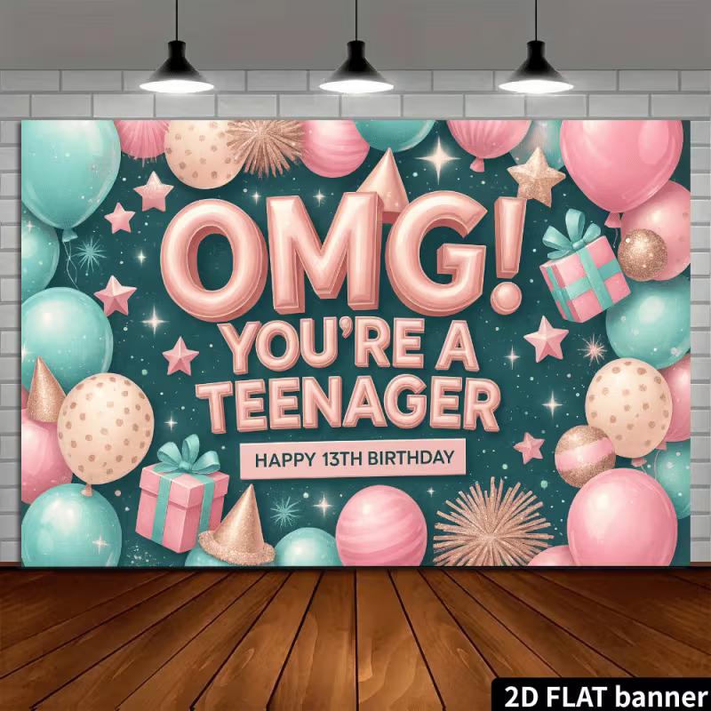 2D Pink Teal 13th Birthday Photography Backdrop, Teenager Girl Party Background