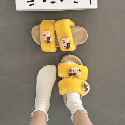 Cute Cartoon Word with KT Cat Flat Bottom Fluffy Slippers Women's 2025 Autumn and Winter Suede Indoor Home Thick Bottom Slippers