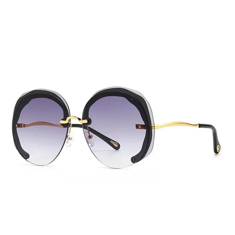 Oversized Rimless Round Sunglasses Women Clear Ocean Gradient Lens UV400 Protection Unisex Trendy Sun Glasses